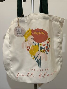 Ivory Floral Canvas Tote with Green Straps